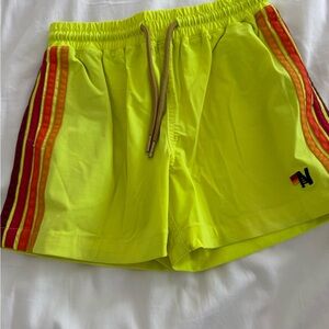 Like new Aviator Nation Neon Yellow Athletic Shorts with Rainbow Side Stripes